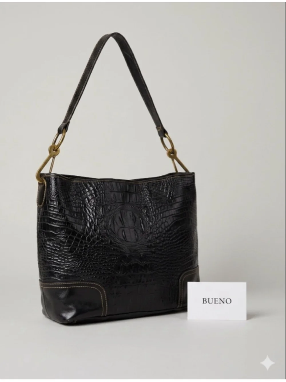 Bueno Black Croc Embossed Shoulder Bag with Gold Toned Hardware